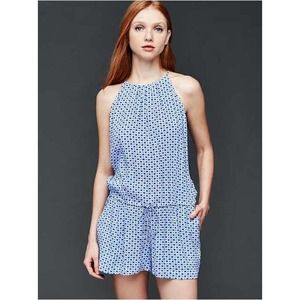 GAP Blue Print Halter Romper Pockets Size Small Rayon